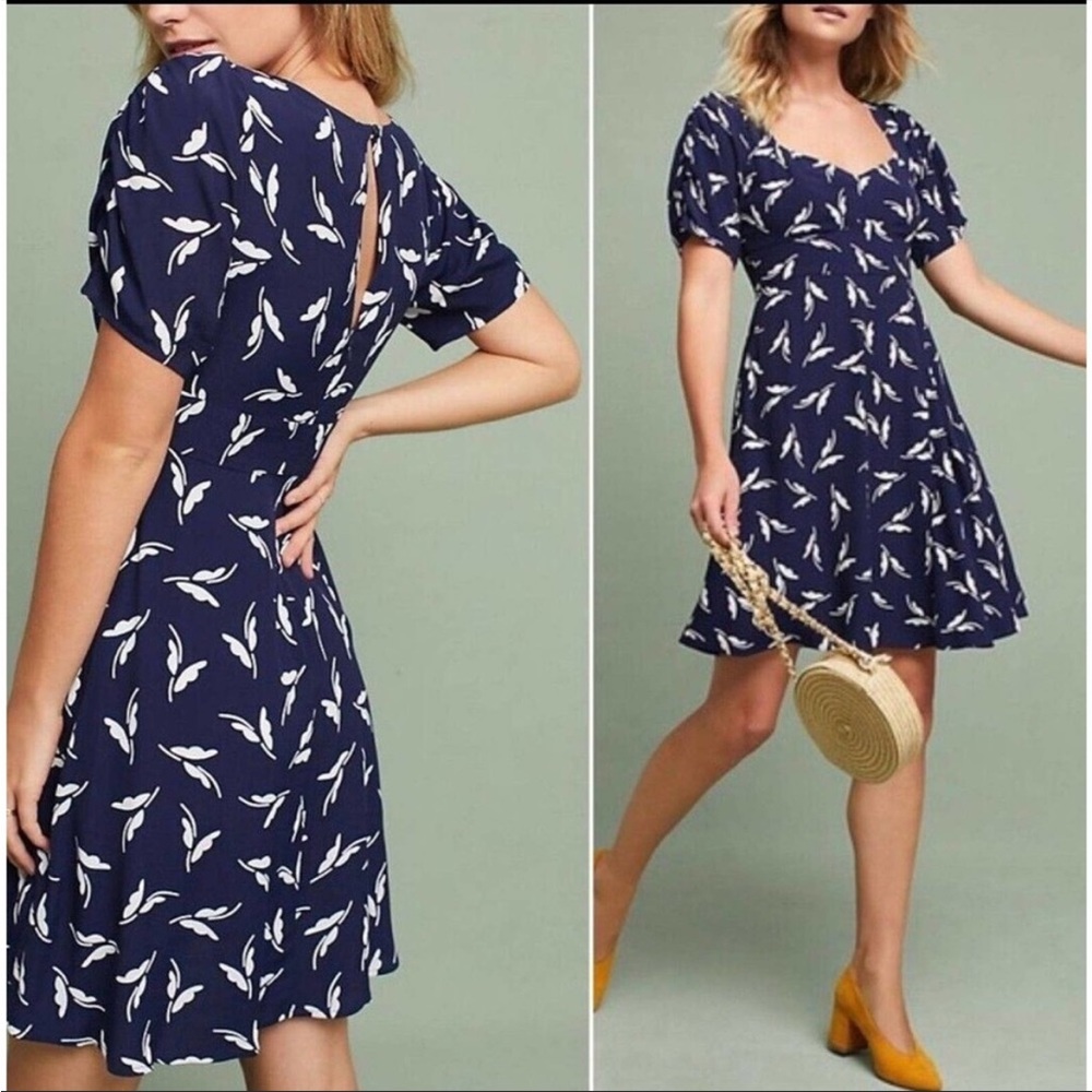 Anthropologie Maeve Fern Ruched Butterfly Dress Size 0 Navy Blue and White
